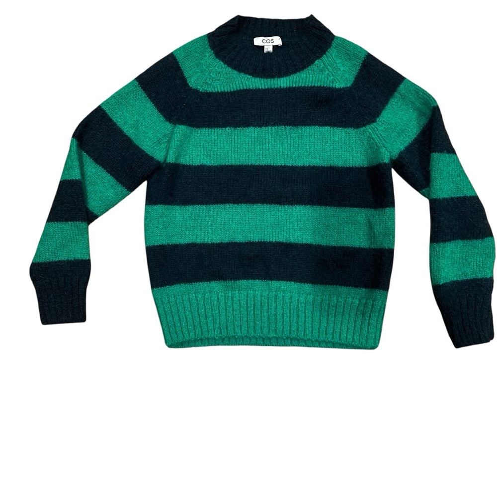 COS Green Tonal Striped Mohair Blend Sweater XS | Fuzzy Knit